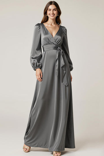 Dark Grey A-Line Backless V-Neck Wedding Guest Dress with Sash
